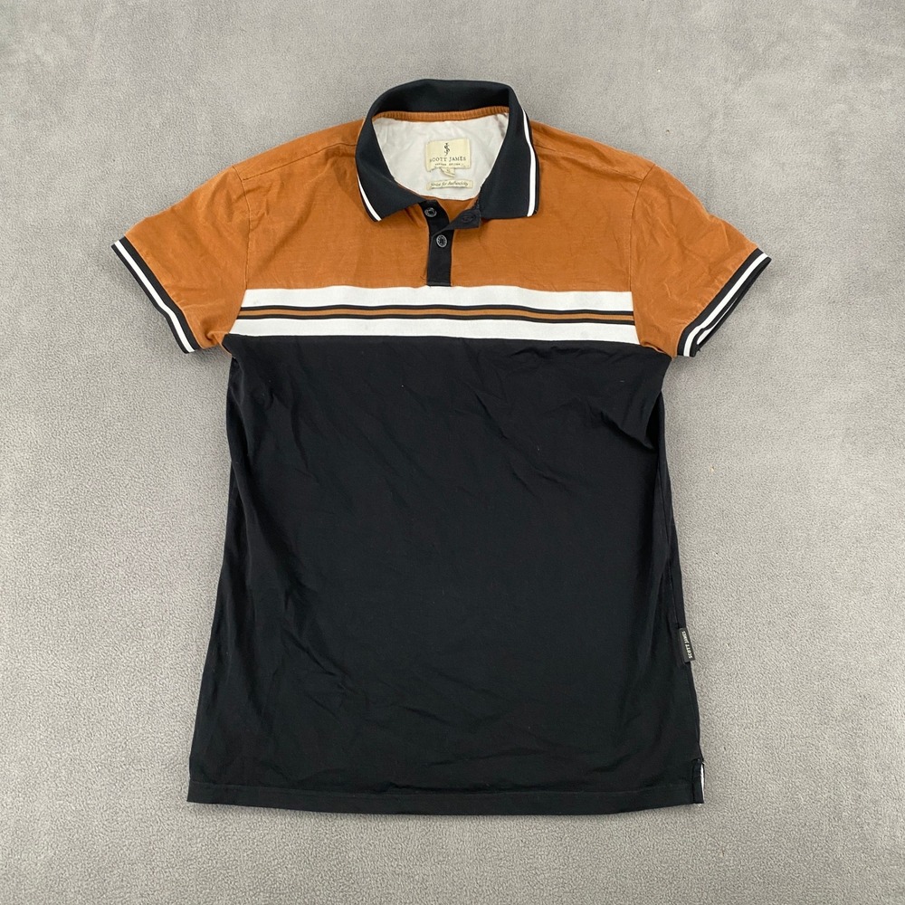 Scott James Mens Small Polo Shirt Colorblock Orange Black Striped Short Sleeve